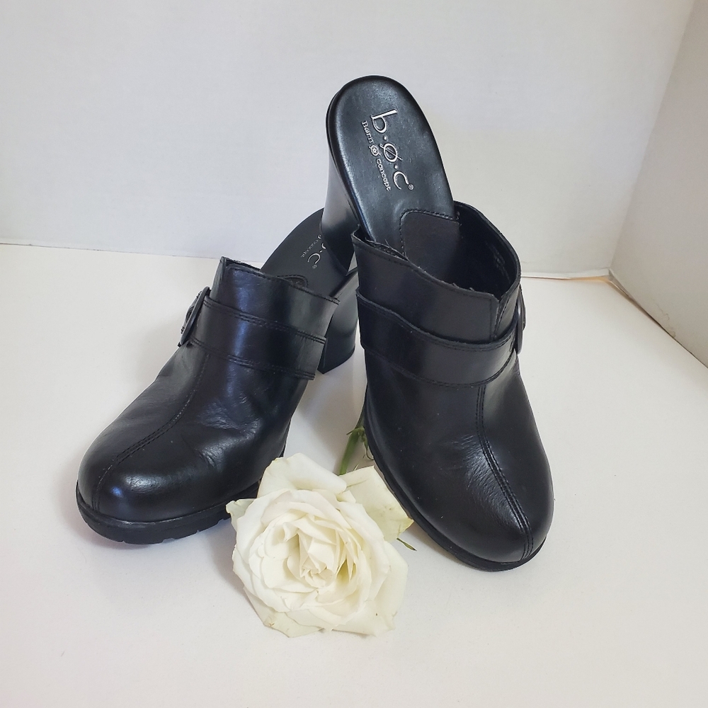 BOC Black Leather Heeled Clogs With Side Buckle Western, Size 9 - Picture 2 of 13